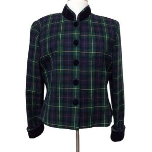John Roberts Vintage Womens Size 14 Plaid Checked Blazer Velvet Trim